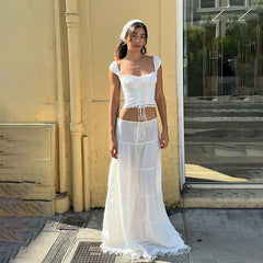 Hnewly Elegant Off Shoulder Square-neck Sleeveless Crop Tops And Loose Long Skirts 2025 Spring Summer Women Beach Party Suits