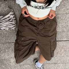Hnewly Y2K Harajuku Drawstring Jean Shorts Womens Vintage Elastic Waist Baggy Cargo Denim Pants Cyber Grunge Stretch Jorts with Pockets