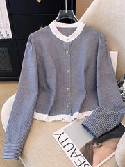 Hnewly O Neck Women Striped Shirt Vintage Long Sleeve Loose Korean Blouse Casual Fall New Patchwork Female Retro Sweet Autumn Tops