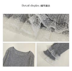 Hnewly Women's Ribbed Knit Top with Lace Trim Long Sleeve O-neck Stretchy Fitted Shirt Pullovers Sweater Teen-girl Basic Outfit