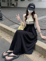 Hnewly Contrast Color Striped Sleeveless Vest for Women in Summer New Waist-hugging and Slimming A-line Midi Dress the dress black dress white dress