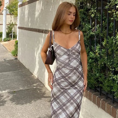 Hnewly Vintage Plaid Print V Neck Midi Dress Women Summer Sexy Backless Spaghetti Straps Dress Y2K Club Party Slim All Match Vestidos