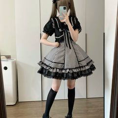 Hnewly Lolita Gothic Short Sleeve Dress with Hand Sleeve Spring Summer New Girl's Cute Short Dress Japanese Fake Two-Piece Plaid Dress