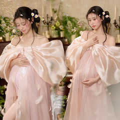 Hnewly Maternity Photography Gown Long Dress Vintage Oil Painting Style High-End Feeling Off-Shoulder Photography Studio Clothes
