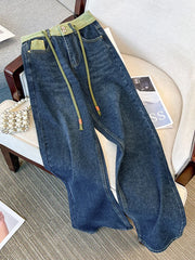 Hnewly Large Size High Waist Jeans Women New Autumn Loose Drawstring Wide Leg Pant Fashion Splice Versatile Straight Leg Denim Pants