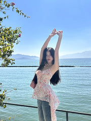 Hnewly Summer Chiffon Floral Blouse Women Casual Y2k Crop Tops Beach Style Korean Fashion Clothing Chic Tank Tops Vest Female Shirts