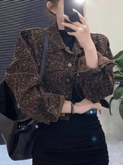 Hnewly Y2K Cropped Leopard Denim Jacket Women Vintage Streetwear Long Sleeve Slim Short Coat American Harajuku Female Hip Hop Tops
