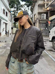 Hnewly Y2K American Pu Leather Women Jacket Y2K Brown Vintage Long Sleeve Stand Collar Crop Coats Hip Hop Streetwear Zipper Outerwear