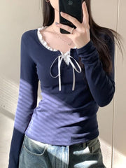 Hnewly O-neck T-shirts Women Bow Simple Patchwork Design All-match Autumn Students Clothing Young Soft Korean Style Chic Casual Fashion