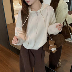 Hnewly Pointelle Knit Hooded Sweater for Women Long Sleeve Pullover Sweater Hoodie Cosy Knitwear Teen-girl Autumn Winter Casual Outfit