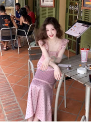 Hnewly French Elegant Satin Midi Dress Female Casual Vintage Lace Sleeveless Ruffles Dress One Piece Dress Korean Fashion Evening Party