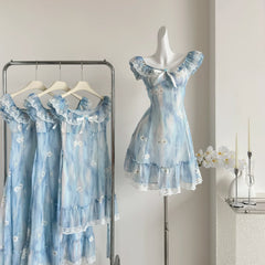 Hnewly Kawaii Japanese dress lolita y2k Sweet Blue Floral Dress Women Casual Evening Party One Piece Dress Korean Fashion Summer