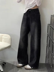 Hnewly Women's American Wide Leg Jeans - High Waist Black Gray Denim Pants Straight Leg Oversized 90s Long Trousers