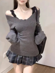 Hnewly Winter Korean College Style Vintage 3 Piece Set women Knit Sweater + Black Vest + Pleated Skirt New Aesthetic Fashion Retro