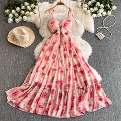Hnewly Vestidos Para Mujer Print Floral Hollow Out Spring Summer Woman Dresses Korean Fashion Sexy Beach Style Long Dress