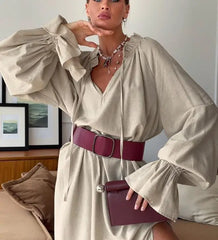 Hnewly New Women's Puff Sleeve Maxi Dress Drawstring Neck and Loose Fit Design Elegant Casual Lace Up Long Skirt