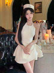 Hnewly Romantic Ruffle Puffy Mini Dress Women Textured Solid Shirring Strappy Open Back Halter One-piece Prom Party Clothes