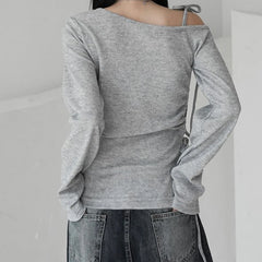 Hnewly Asymmetrical Off-shoulder Crop Top Grey Bandage Drawstring Long Sleeve Knitted T Shirts Korean Fashion Casual Tees Women