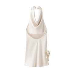 Hnewly 3D Flower Satin Halter-neck Short Dress 2025 New Fashion Beige Slim Sleeveless Dresses Backless Summer Party Dress For Women