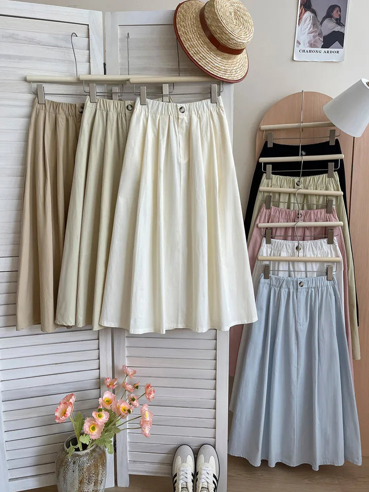 Korean style Women Spring Summer Cotton Skirts Solid Casual Elastic Waist Preppy Style Elegant A-Line Midi Pleated Skirt