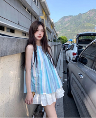 Hnewly Woman Camis Striped Summer Fashion 2025 Sweet O Neck French Style Chic Loose Tank Tops Female Casual Sleeveless Top