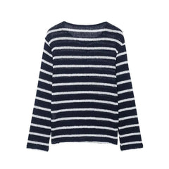 Hnewly Women's Navy White Striped Knit Top, 4-Button Placket Round Neck Long Sleeve Sweater, Casual Rolled Hem Crew Neck Blouse