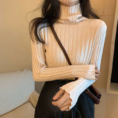Hnewly Ribbed Sweater Women Clothes Solid Color Turtleneck Lettuce Trim Long Sleeve Pullover Winter Fall Clothing Streetwear