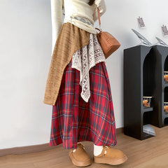 Hnewly Design Irregular Lace Patchwork Plaid Skirts Women Fashion High Waist Pleated Long Skirt Woman Chic Umbrella Skirt Female