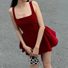 Hnewly Fashion Red Bowknot Mini Dress Straps Square Collar Sleeveless Backless Vintage Cute Ladies Slim Party Short A-line Dresses