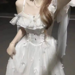 Hnewly Lolita Goddess Fairy Dress New Spring Summer Beads 3d Butterfly White Long Dress Beach Vacation Elegant Dress