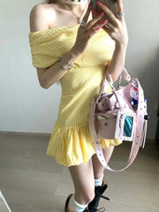 Hnewly Sweet Elegant Bodycon Mini Dresses Women Off Shoulder Korean Style Butter Yellow Plaid Ruffles Dresses Y2k Harajuku