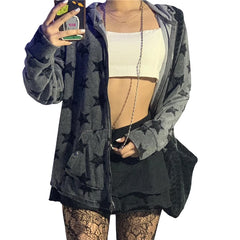 Hnewly Gothic Sweatshirt Women Punk Style Star Pattern Zip Up Long Sleeve Hooded Tops with Pockets y2k Dark Academia Clothes