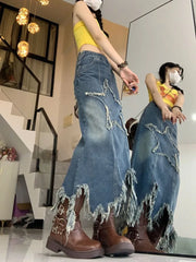 Hnewly American Vintage Washed Irregular Denim Skirts Y2k Mid-length Star Skirt for Women 2025 Summer Low-waist Falda Sexy Mujer