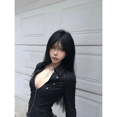 Hnewly Y2k Fashion Sexy V-neck Slim Fit Top for Women Casual All-match Long Sleeve Blusas Mujer 2025 Spring New Black Blouses