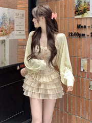 Hnewly Summer New 3 Piece Skirt Set Knitted Sun Elegant Cardigan Women's Floral Lace Camisole Short Ruffle Cake Skirt Y2k Korean