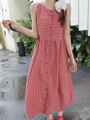 Hnewly Sweet Red Plaid Long Dress Women Elegant Casual Sleeveless Korean Dress Vintage Female Preppy Style Loose A Line Vestidos