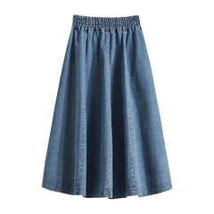 Hnewly Classic Basic High Waist Blue Denim Pleated Skirt Women Elastic Loose Fashion With Buttons A-Line Streetwear Medium Length Dress