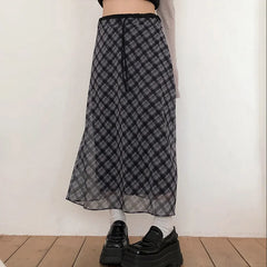Hnewly Preppy Style Plaid Print Mesh Skirt Casual All-match Loose A-line Long Skirts for Women Summer Retro Skirt Korean Fashion