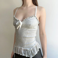 Hnewly Bow Frill Camis Women Slim Fit Stretchy Tank Top Y2K Aesthetic Mesh Stitching Hem Sleeveless Crop Tops Kawaii Clothes