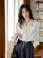 Hnewly V Neck Lace Blouse Women Elegant Long Sleeve Vintage Patchwork Shirt Sweet French Retro Lace Up Female Casual Tops Fall New