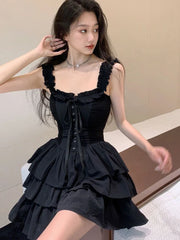 Hnewly Sexy Slip Lolita Style Black Dress Women Vintage Sleeveless Y2K Mini Dress Summer Slim Sweet Korean Lace Up Cake Dress New