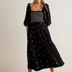 Hnewly Bohemian Floral Dress Women Square Neck Ruffle Swing A Line Maxi Dress Long Sleeve Beach Style Holiday Lady Club Party Dress