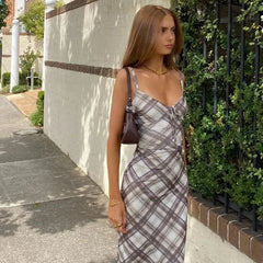 Hnewly Vintage Plaid Print V Neck Midi Dress Women Summer Sexy Backless Spaghetti Straps Dress Y2K Club Party Slim All Match Vestidos