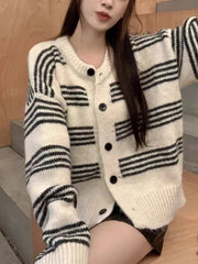 Hnewly Women Cardigan Sweater Striped Crew Neck Button-up Sweater Jacket Comfy Cozy Slouchy Cardi Autumn Winter French Chic Outfit