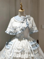Hnewly Blue White Sweet Lolita JSK Doll Dress Women Cute Bow Ruffles Hit Song Party Princess Dress Suit with Kawaii Short Cloak
