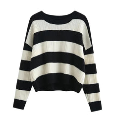 Hnewly Striped Knit Sweater for Women Long Sleeve Crew Neck Crop Knit Top Pullovers Striped Jumper Teen-girl Fall Winter Vintage Outfit