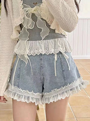 Hnewly Japanese Sweet Lace-up Denim Shorts Women Summer Lace Ruched Elegant Jeans Female Korean Fashion Bow Hight Waist Shorts New