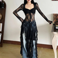 Hnewly Sexy See Through Mesh White Tops Mujer Square Collar Patchwork T-shirts Forwomen 2025 Summer New Long Sleeve Tee Shirt