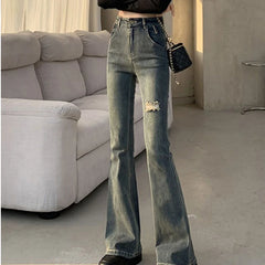 Hnewly Streetwear Blue Ripped Jeans for Women Spring Autumn Chic High Waist Bell Bottom Jeans Woman Slim Fit Button Trousers Ladies