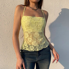 Hnewly Summer Casual Bandage Backless Lace Camis Holiday Casual Patchwork Lace-up Halter Cropped Top y2k Aesthetic Tees Vintage